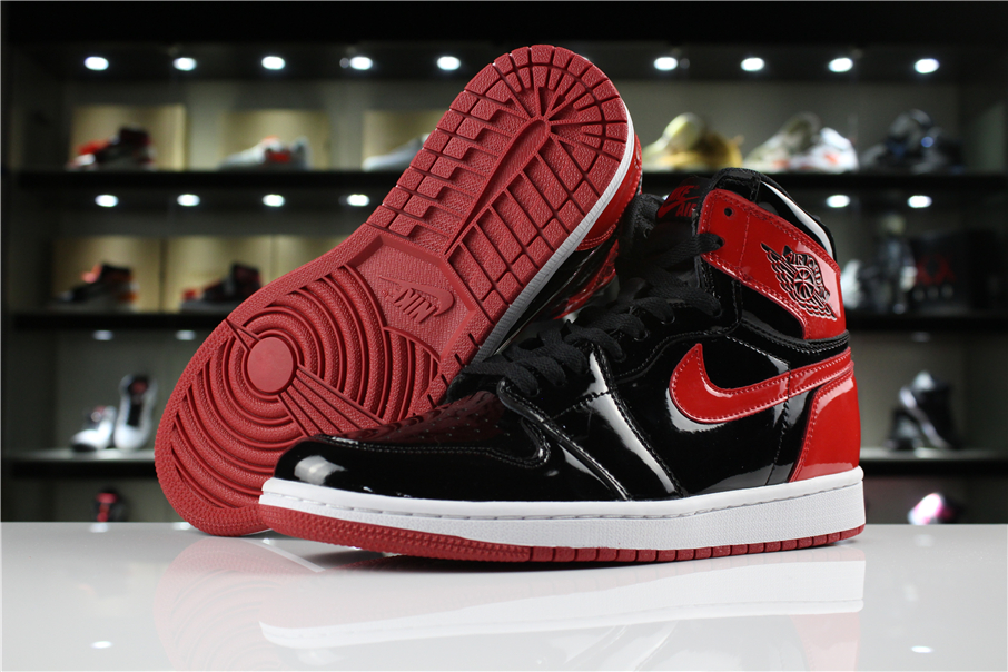 black and red patent leather jordans