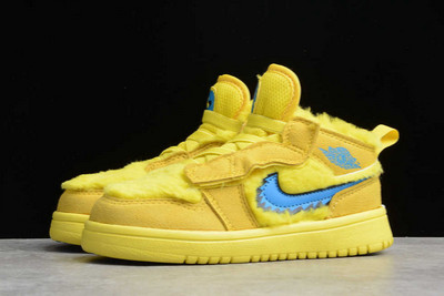Cheap Sale Kids Air Jordan 1 Mid Yellow Fluff Blue Shoes CU5378-700-2