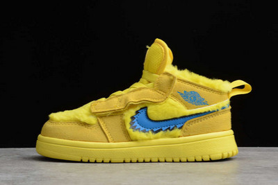 Cheap Sale Kids Air Jordan 1 Mid Yellow Fluff Blue Shoes CU5378-700