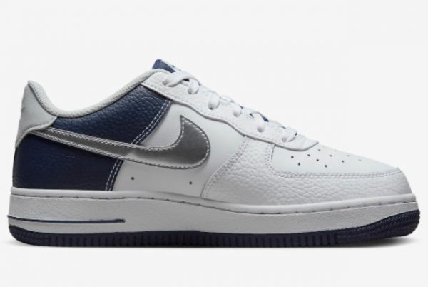 Shop Nike Air Force 1 Low GS White/Metallic Silver-Midnight Navy-Pure Platinum DQ6048-100-1